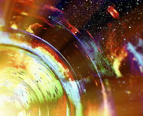 Poster - graphic concept of music in space, cosmic sound waves, computer design, music concept.