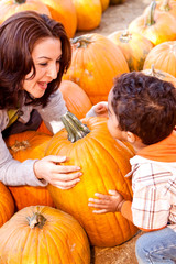 happy family picking pumpkins at the pumpkin patch.