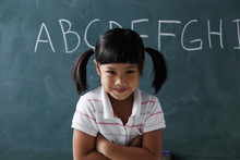 Young Girl With Pony Tails Smiling In Front Of Chalk Board