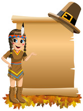 Little Girl Native American Indian Costume Presenting Blank Scroll Isolated