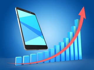 3d illustration of mobile phone over blue background with blue graph and rising arrow