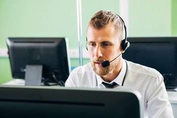 beautiful man working in call center