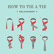 Instructions on how to tie a tie on the turquoise background of the eight steps. Kelvin knot . Vector Illustration.