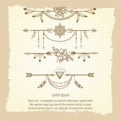 Wall Mural - Hand drawn boho dividers with ethnic elements flowers arrows on vintage background. Vector illustration