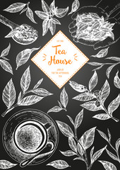 Wall Mural - Tea Shop vector illustration. Vector card design with tea. Tea house poster. Vector hand drawn set. Linear graphic