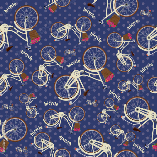 Cotton fabric Seamless dotted pattern with detailed city bicycles with a basket on the handlebars. Blue background
