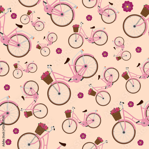 Cotton fabric Seamless pattern with detailed city bicycles with a basket on the handlebars. Pink background