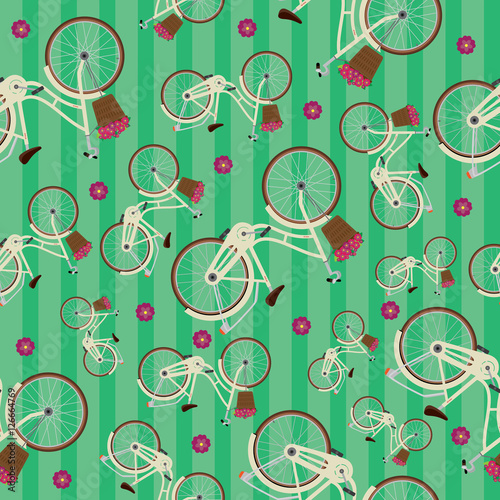 Cotton fabric Seamless striped pattern with detailed city bicycles with a basket on the handlebars. Green background