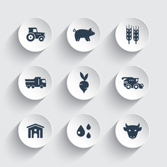 Poster - Agriculture, farming icons set, cattle, pigs, hangar, combine harvester, agrimotor, vegetables