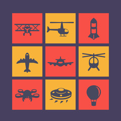 Poster - Aircrafts icons set, airplane, aviation, air transport, helicopter, drone, biplane, air balloon, ufo, alien spaceship