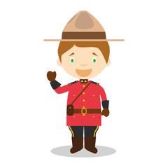 Wall Mural - Character from Canada dressed in the traditional way as a Mounted Policeman. Vector Illustration. Kids of the World Collection.