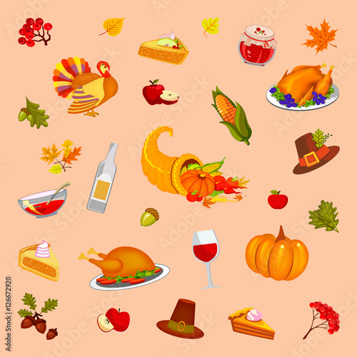 Thanksgiving Day. Orange background, illustration. Food and beverages