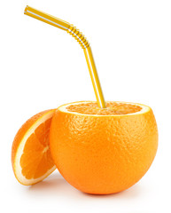 drinking straw inside an orange on white