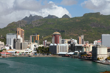 City Embankment, city and mountains. Port Louis, Mauritius