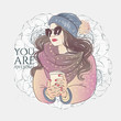 Beautiful hipster young women in a fashion pink jacket with scarf and sunglasses, hat with bubo and cup of coffee. Vector hand drawn illustration.