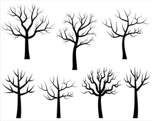 Vector Bare Tree Silhouettes, Black Cartoon Trees Without Leaves