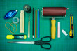 Cutting mat with various stationary tools, knolling, shot from a