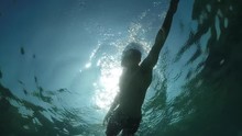 UNDERWATER: Athletic Young Man Swimming Crawl On Freestyle Swimming Competition