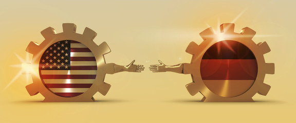 Wall Mural - Web Banner, Header Layout Template. Politic and economic relationship between USA and Germany. National flags on golden cog wheels. 3D rendering