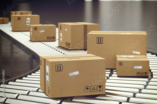 Fotomural Box on conveyor roller. 3D Rendering