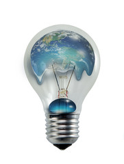 Poster - Light bulb with world inside and global warming isolated on black
