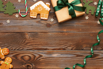 Canvas Print - Christmas present and decoration on wooden background