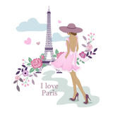 Fototapeta Paryż - I Love Paris. Image of the Eiffel Tower and women. Vector illustration. Paris and flowers. Paris, France fashion stylish illustration.