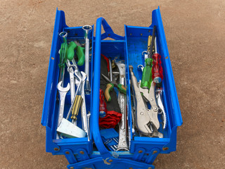 toolbox with metal work wrench kit of repairman.  tools for automobile repair in garage