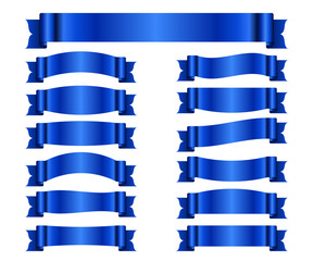 Wall Mural - Blue ribbons set. Satin blank banners collection. Design label scroll blanks element, isolated on white background. Empty template for greeting or advertising. Symbols decoration. Vector illustration.