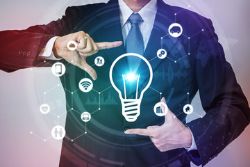 Poster - business person and inspiration symbol, various industry and technology icons, technological concept abstract