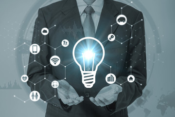 Poster - business person and inspiration symbol, various industry and technology icons, technological concept abstract