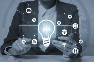Poster - business person and inspiration symbol, various industry and technology icons, technological concept abstract