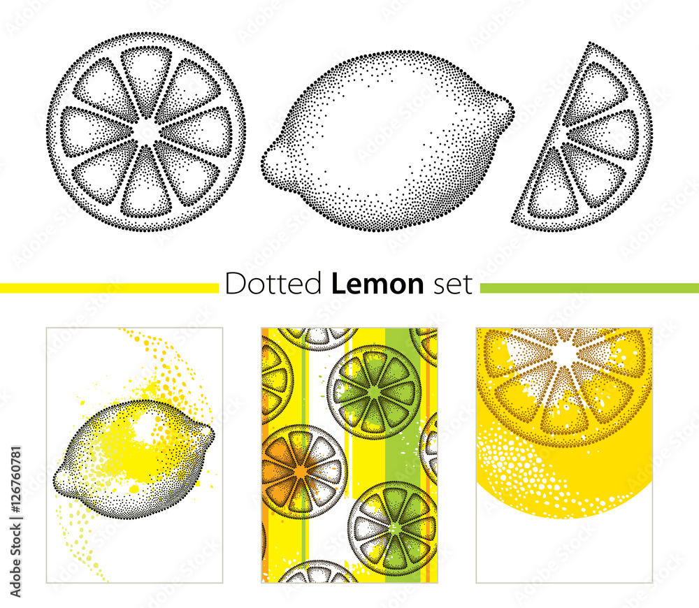 Vector dotted set with lemon, lemon slice and cards isolated on white  background. Fruits elements in trendy dotwork style. Summer background and  design templates with decorative dotted citrus. Stock Vector | Adobe, image size:1000x870