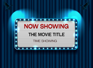 Wall Mural - theater sign,cinema sign,light sign,light frame,on curtain background