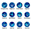 Set of realistic blue amethysts with round cuts isolated on white background. Jewel and jewelry. Colorful gems and gemstones. Magna, classic round, royal, zinnia, trap, single, swiss, sphere, zircon