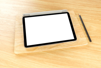 Fototapete - Blank screen tablet on wood plate at wooden table top,Mock up te
