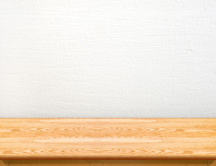 Wall Mural - empty wood table top with white concrete wall,mock up for displa