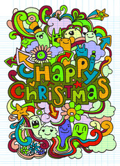 Hand drawn Happy Christmas poster , funny doodle,Vector illustra