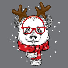 Funny Panda Wearing Glasses And With Horns. Bear In Deer Costume. Vector Illustration For A Card Or Poster, Print On Clothes. New Year's And Christmas.