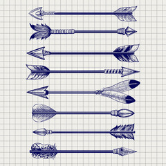 Wall Mural - hand drawn feathery arrows sketch on notebook page. vector illustration
