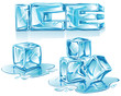 Blue vector ice cubes, ice text and water drops