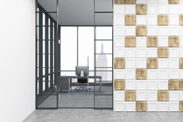 Poster - Computer on a table in white and wooden tiles room