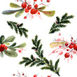 Watercolor Christmas seamless pattern with berry and christmas-tree.
