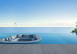 sofa, terrace and swimming pool in luxury sea view hotel - 3d rendering