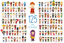 Kids Of The World Vector Characters Collection: Set Of 125 Children Of Different Nationalities In Cartoon Style.