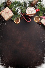 christmas background with hot chocolate and marshmallow