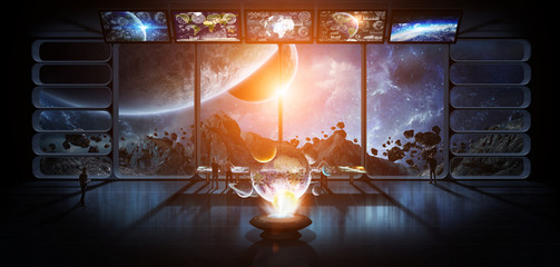 Wall Mural - Group of scientists observing the solar system 3D rendering elem