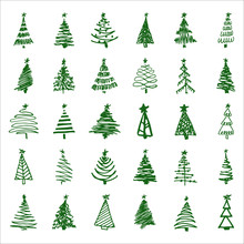 Set Hand-drawn Sketch Christmas And New Year Tree
