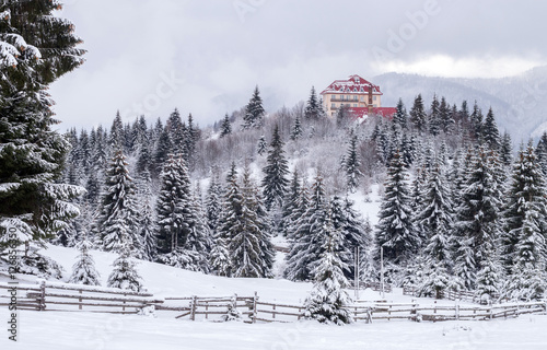 Lonely house with red roof on a hill surrounded by snow covered winter forest Poster
