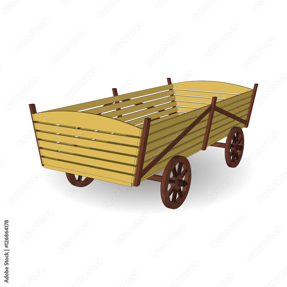 Vintage Cart wooden 3d. Side view. Vector illustration on a white background.